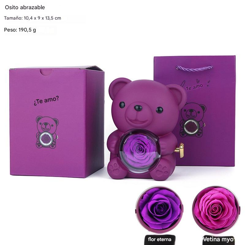 ✨Adorable osito de peluche con rosa preservada - Osito de peluche decorado con una rosa real, en una hermosa caja de regalo - Regalo romántico para el Día de la Madre, bodas, aniversarios, despedidas de soltera, Navidad y San Valentín.