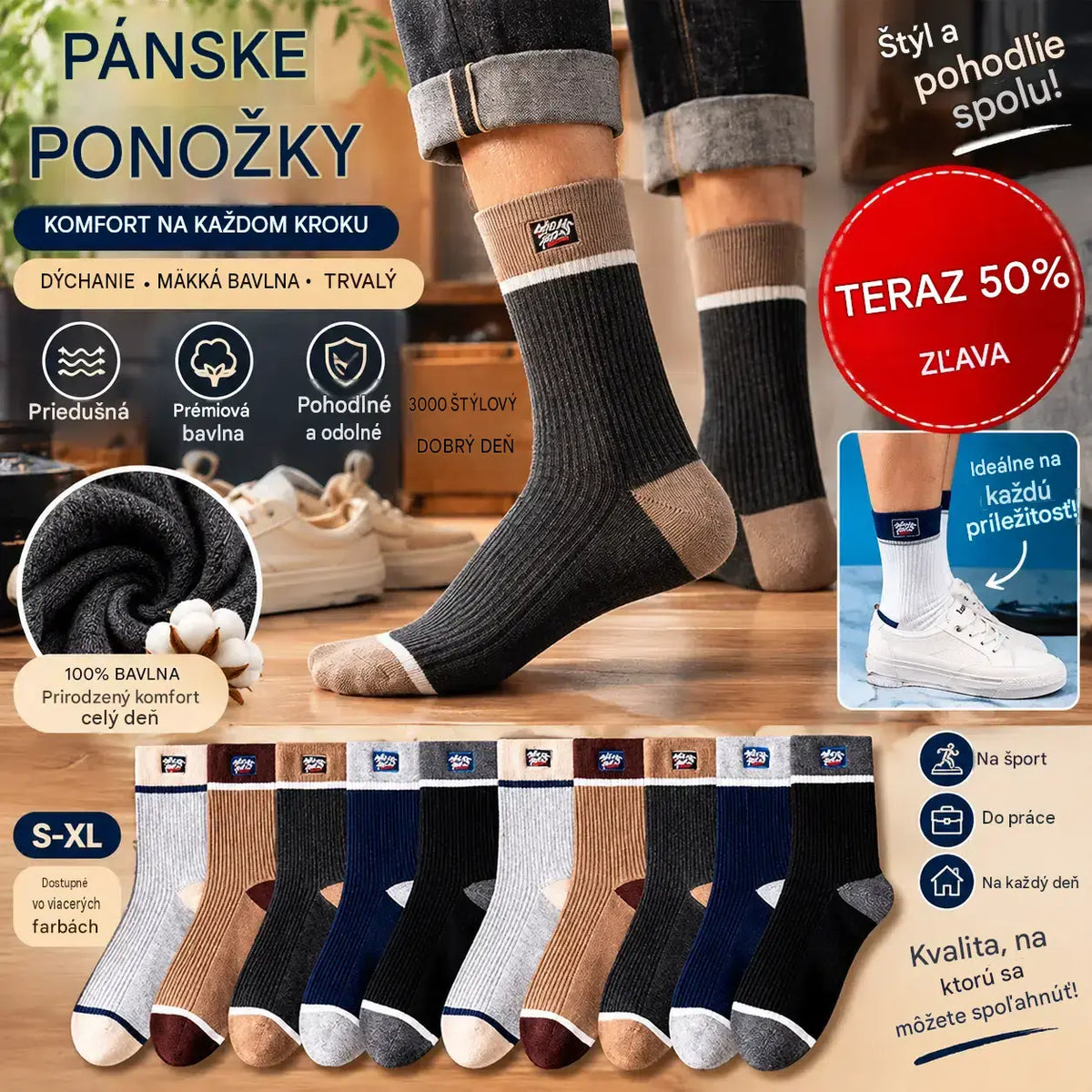 🧦🧦【10 párov】Nové mäkké a pohodlné pánske ponožky z čistej bavlny; odvádzajú vlhkosť a sú odolné voči zápachu.