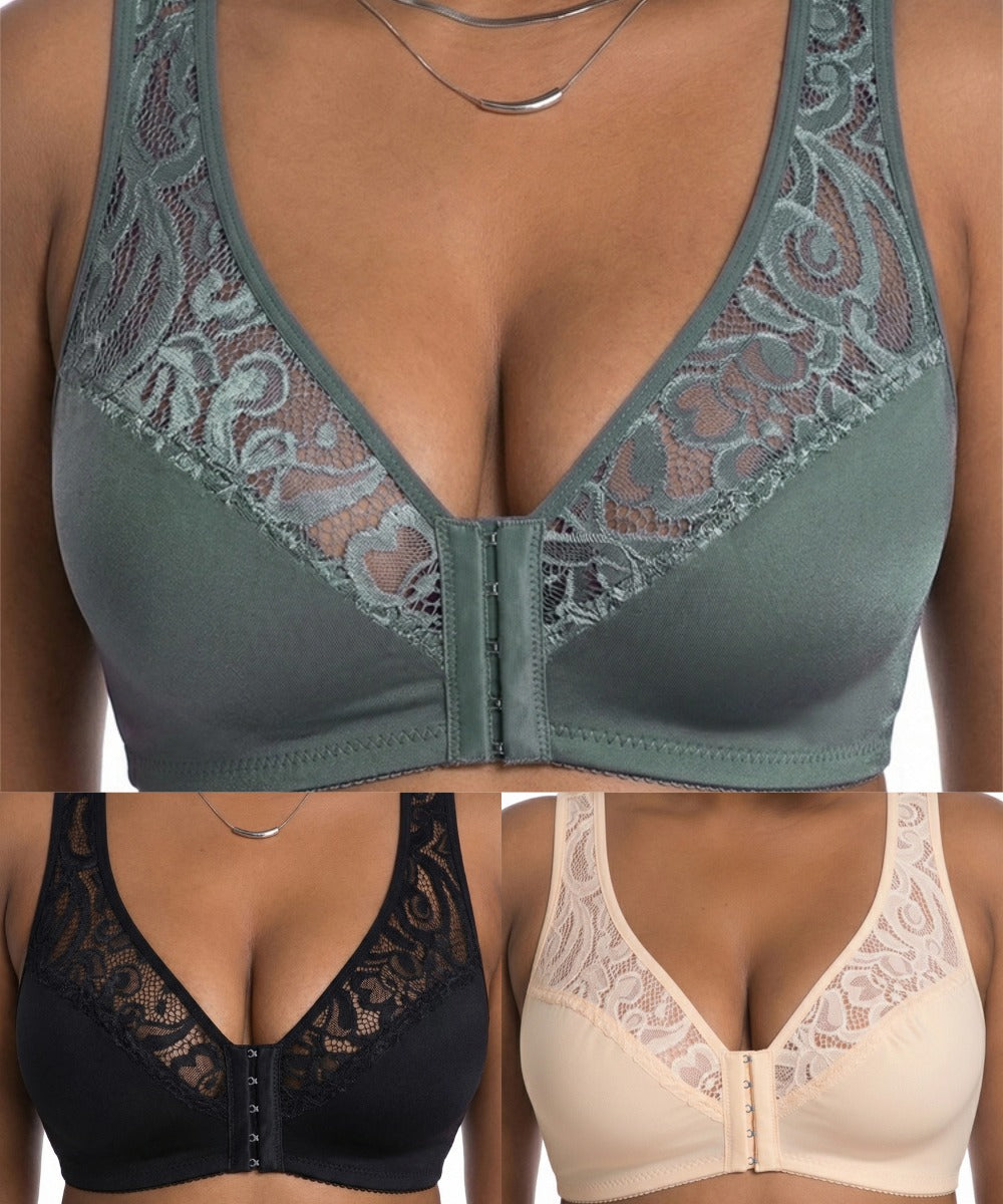 💖Najnižšia cena vôbec【3-dielna sada】【L-4XL】😍🩲Podprsenka s push-up strihom pre väčšie veľkosti, krásna čipka, push-up a vyklenutý dizajn, zapínanie vpredu