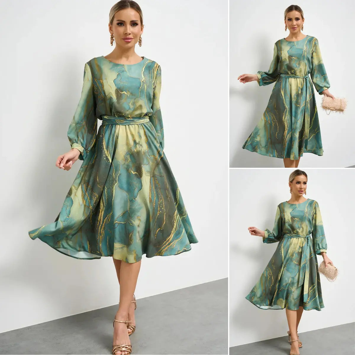 🌿Koniec sezóny – zľava -50 % 👗 Elegantné zelené šaty s dlhými rukávmi a splývavou sukňou 🌸