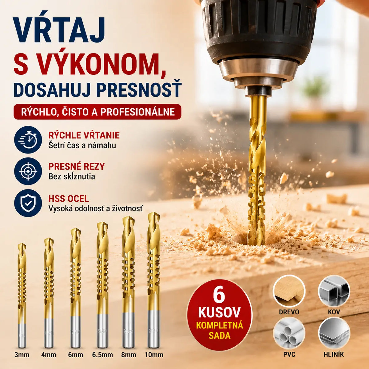 【3+4+5+6+6.5+8 mm】⚙️ Sada špirálových vrtákov: Vyrobené z rýchloreznej ocele s titánovým povlakom a vhodné pre rôzne materiály 🧰