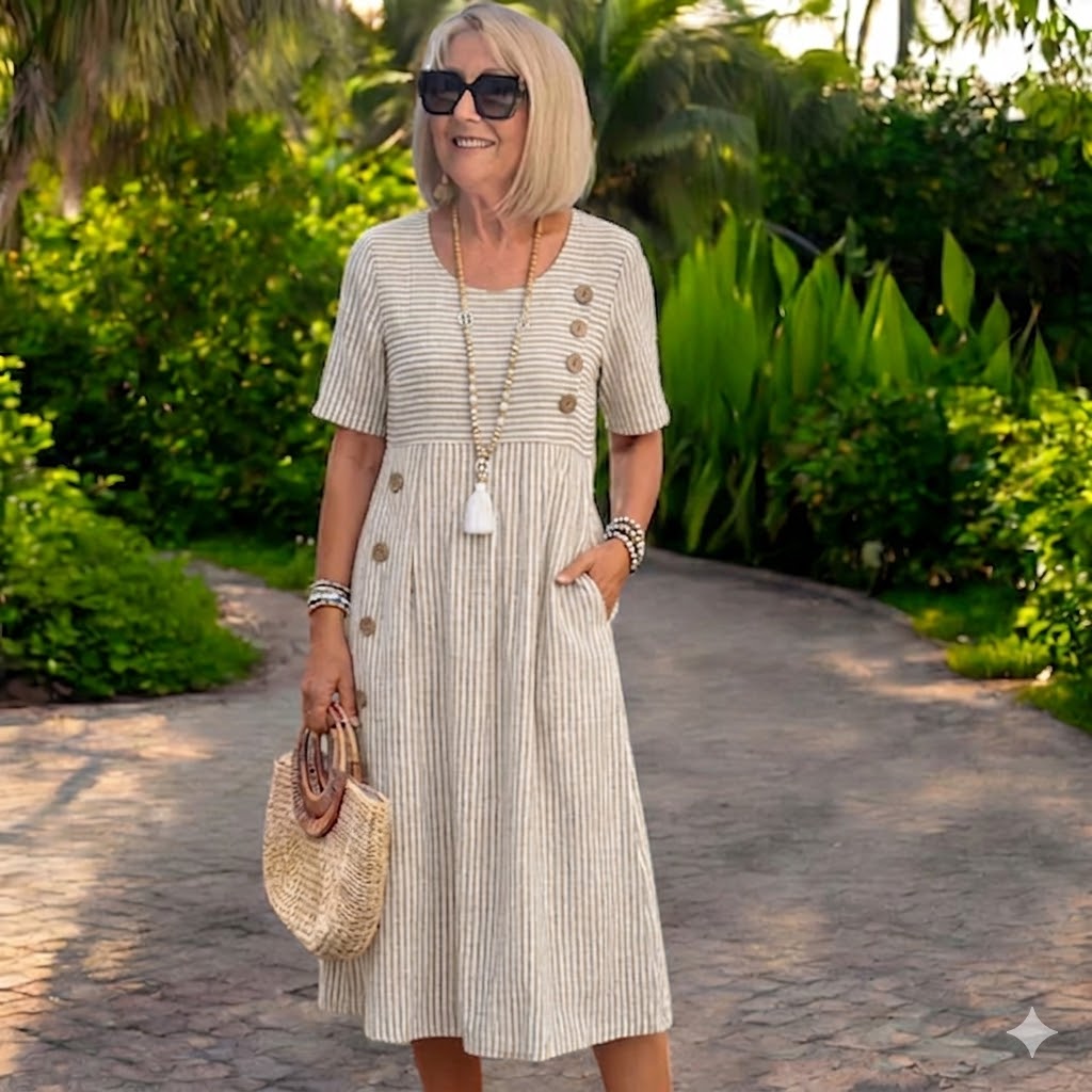 不投👗🏕️【S-2XL】Julia – Vestido midi a rayas ligero y vaporoso