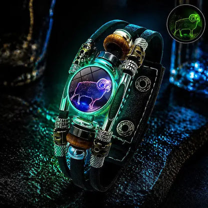 🌙 Žiarivý kožený náramok so znamením zverokruhu – trojvrstvová väzba, nastaviteľná dĺžka, unisex 💫✨