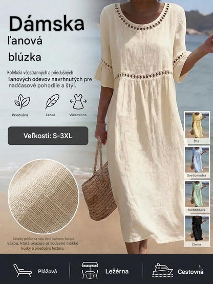 ✨【S–3XL】Dámske bavlnené ľanové šaty slim fit strihom, okrúhly výstrih, nafúknuté rukávy, priedušné a mäkké, pohodlné na nosenie