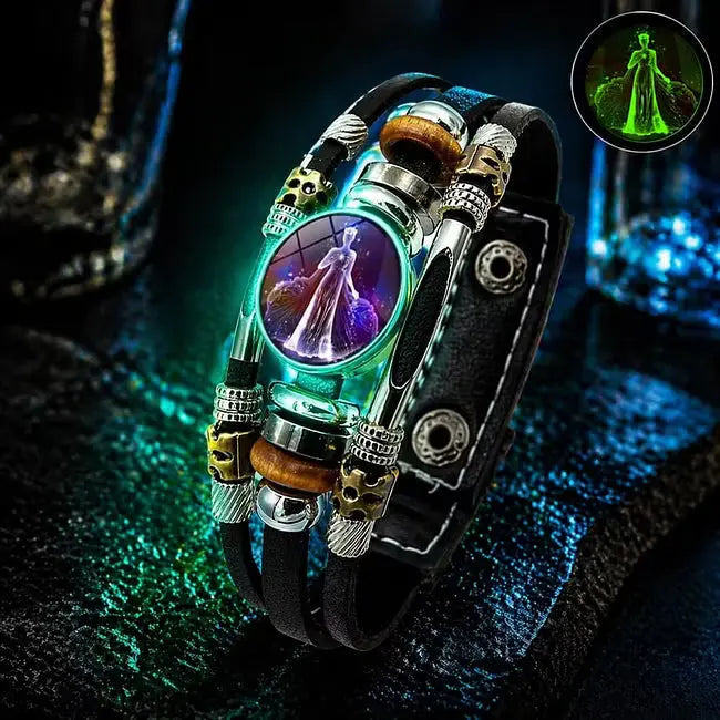 🌙 Žiarivý kožený náramok so znamením zverokruhu – trojvrstvová väzba, nastaviteľná dĺžka, unisex 💫✨