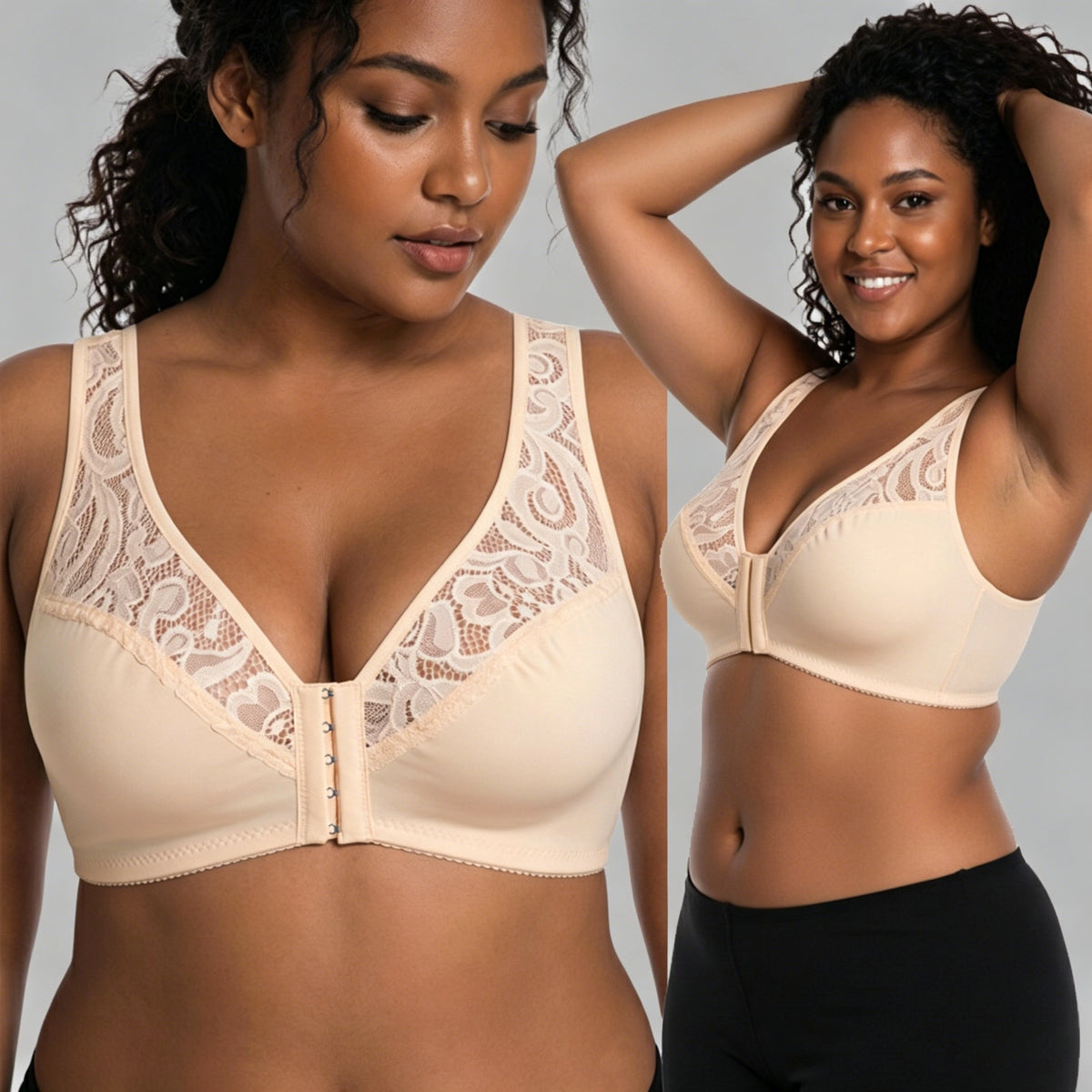💖Najnižšia cena vôbec【3-dielna sada】【L-4XL】😍🩲Podprsenka s push-up strihom pre väčšie veľkosti, krásna čipka, push-up a vyklenutý dizajn, zapínanie vpredu
