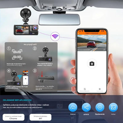 🧰Tento videorekordér podporuje pripojenie k smartfónom cez WiFi a je vybavený duálnymi kamerami a cúvacou kamerou.