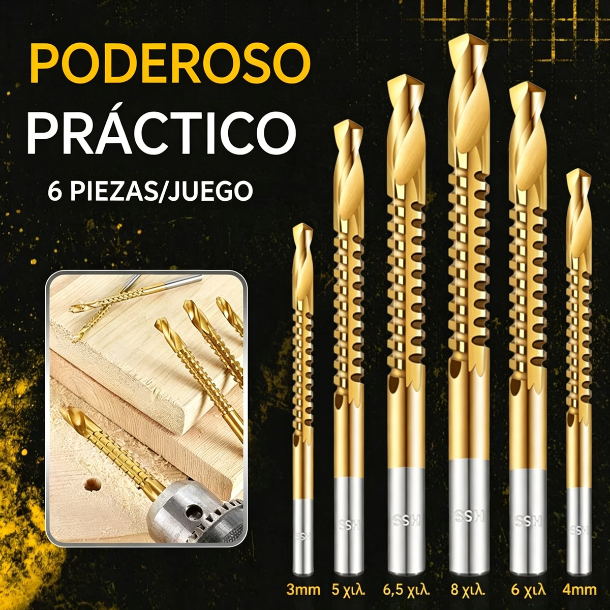 【3+4+5+6+6.5+8 mm】⚙️ Juego de brocas helicoidales: fabricadas en acero rápido, con recubrimiento de titanio y aptas para diversos materiales 🧰