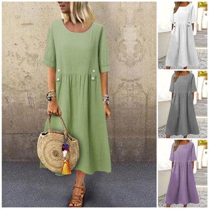 🔥👗Nové 2025 bavlnené a ľanové jednofarebné ležérne voľné módne šaty s okrúhlym výstrihom - pohodlné a všestranné na každý deň