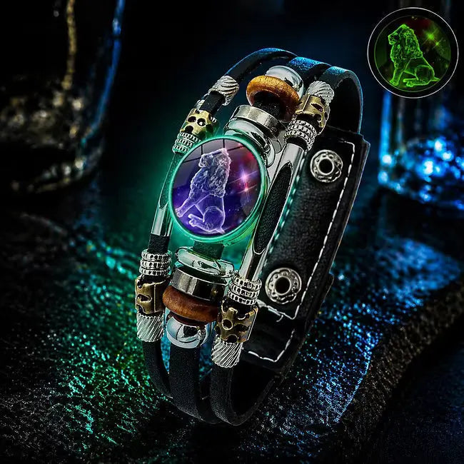 🌙 Žiarivý kožený náramok so znamením zverokruhu – trojvrstvová väzba, nastaviteľná dĺžka, unisex 💫✨