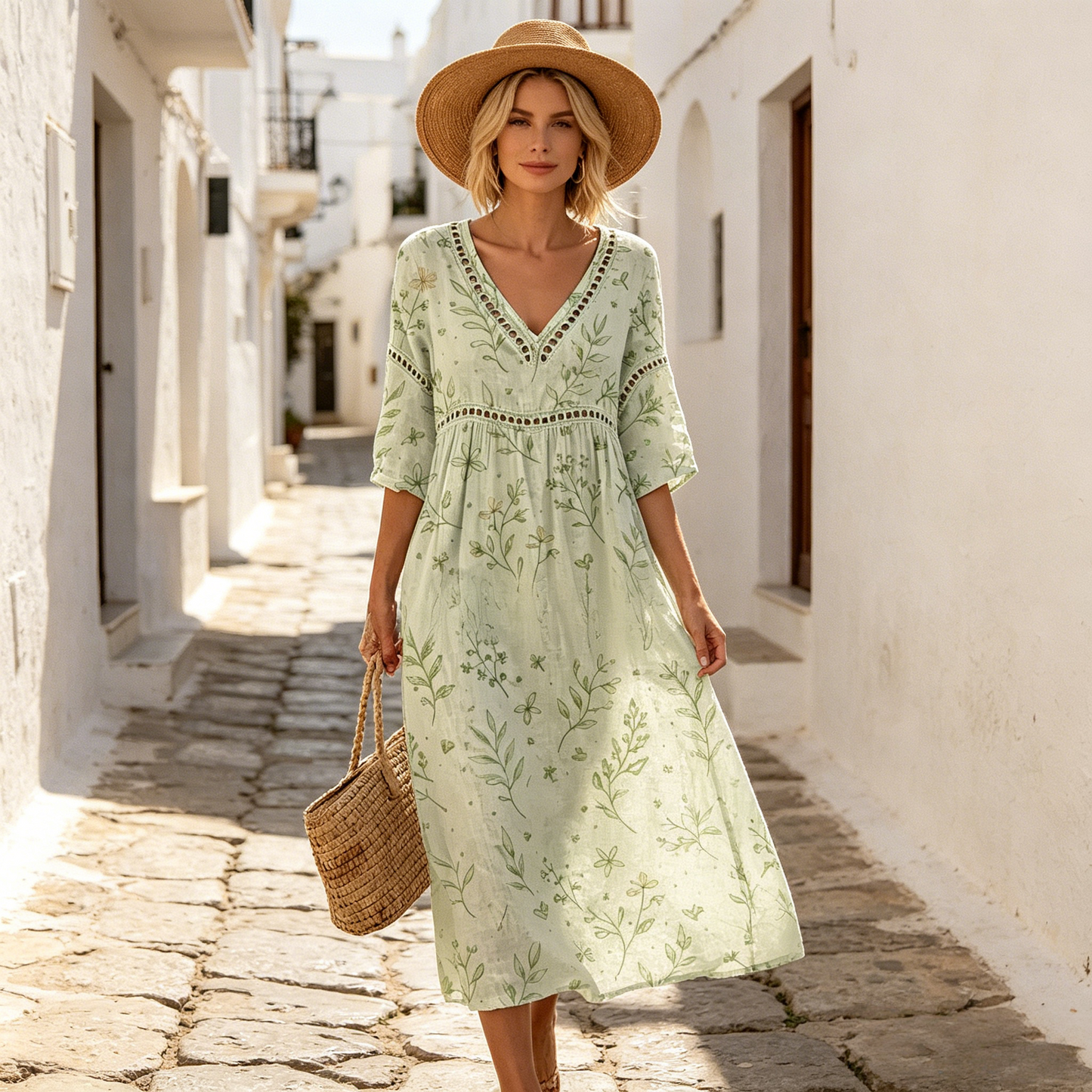 👗【S-3XL】Dlhé letné šaty s kvetinovým vzorom z bavlny a ľanu, výstrih do V, hlboký pás, voľné a priedušné,