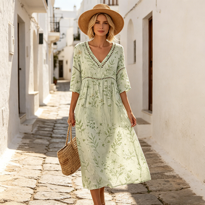 👗【S-3XL】Dlhé letné šaty s kvetinovým vzorom z bavlny a ľanu, výstrih do V, hlboký pás, voľné a priedušné,