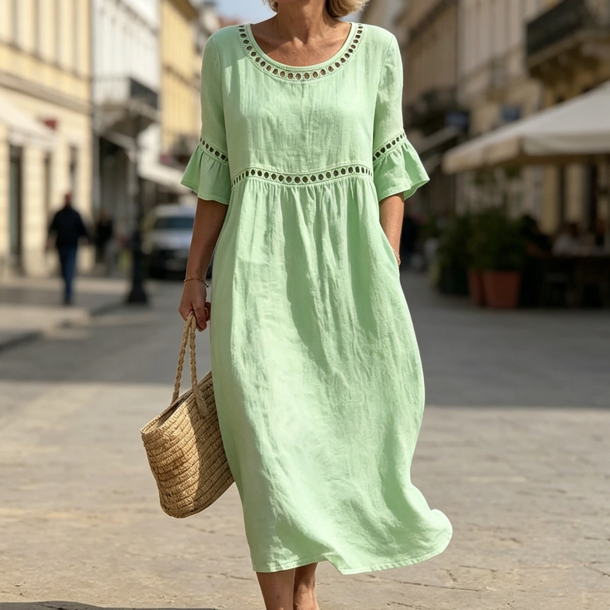 ✨【S-3XL】Ženska haljina od pamuka i lana, uskog kroja, okruglog izreza, puf rukava, prozračna i mekana, udobna za nošenje.