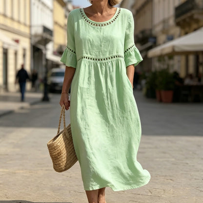 ✨【S-3XL】Ženska haljina od pamuka i lana, uskog kroja, okruglog izreza, puf rukava, prozračna i mekana, udobna za nošenje.