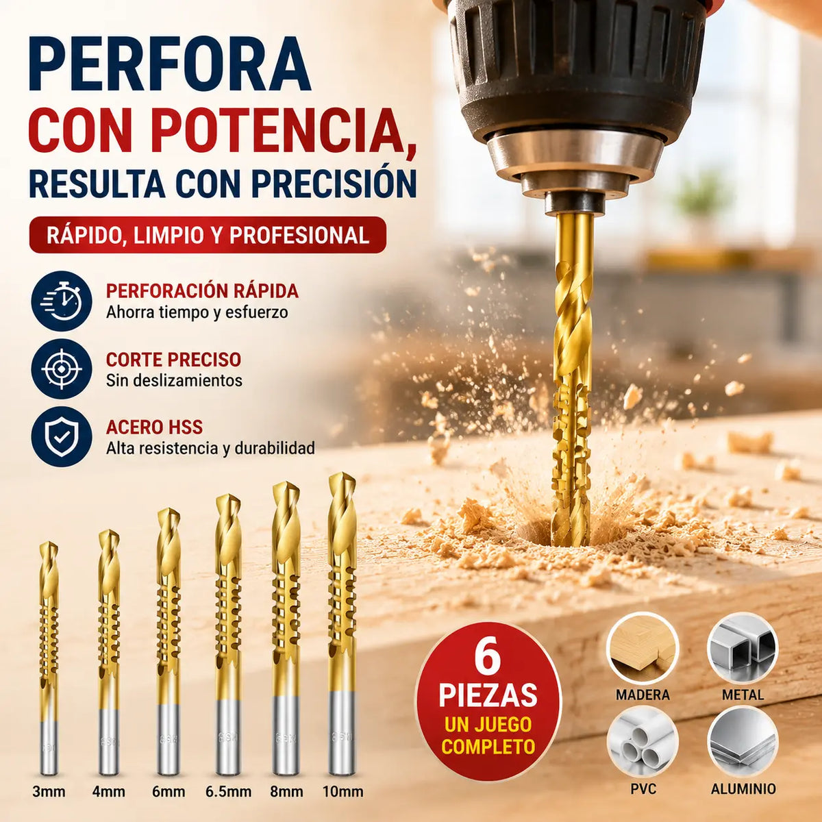 【3+4+5+6+6.5+8 mm】⚙️ Juego de brocas helicoidales: fabricadas en acero rápido, con recubrimiento de titanio y aptas para diversos materiales 🧰
