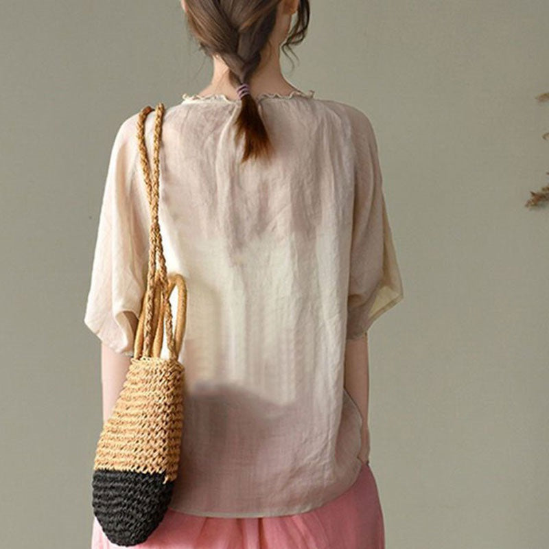 👚Vintage literar literar bumbac lenjerie de bumbac brodat cu mânecă scurtă, subțire, dar nu se vede prin