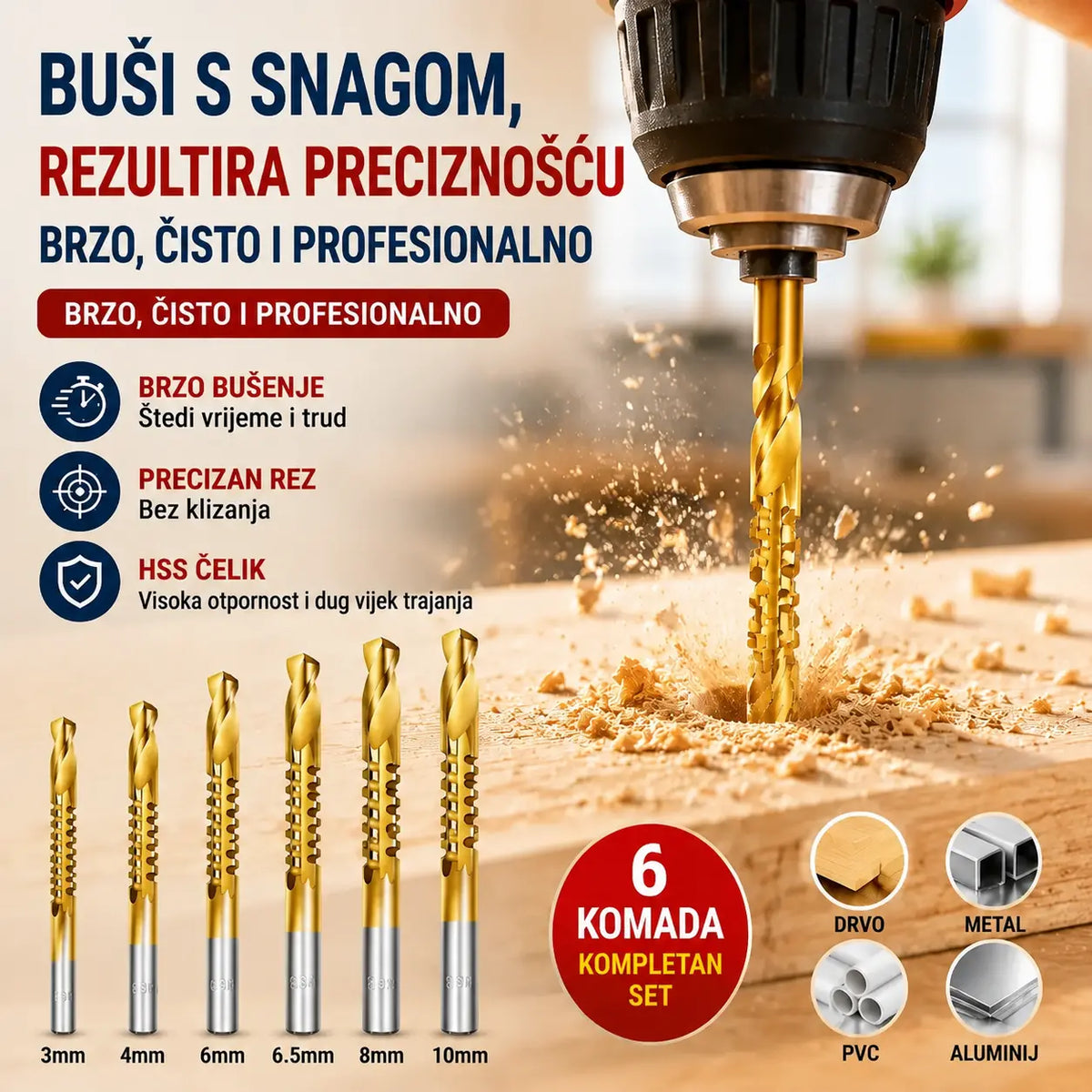【3+4+5+6+6.5+8 mm】⚙️ Set spiralnih svrdala: Izrađeno od brzoreznog čelika, obloženo titanom i pogodno za razne materijale 🧰