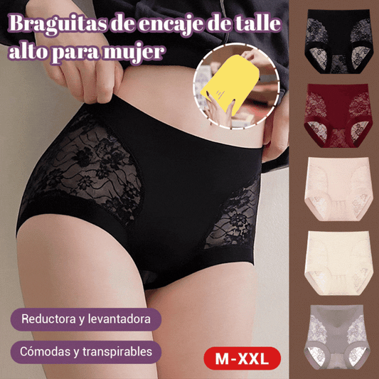 Braguitas de control de abdomen de alta elasticidad con encaje sin costuras para mujer, bragas moldeadoras y levantadoras de glúteos