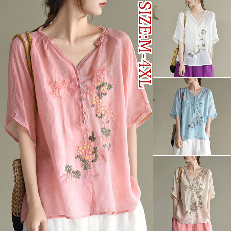 👚Vintage literar literar bumbac lenjerie de bumbac brodat cu mânecă scurtă, subțire, dar nu se vede prin