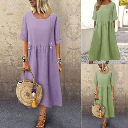 🔥👗Nové 2025 bavlnené a ľanové jednofarebné ležérne voľné módne šaty s okrúhlym výstrihom - pohodlné a všestranné na každý deň
