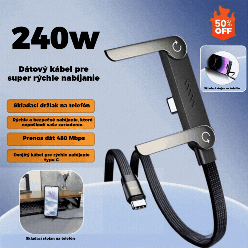 🔥50%OFF🔥⚡Rýchlonabíjací kábel 2 v 1 s nastaviteľným držiakom na telefón🔋