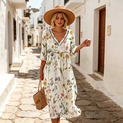 👗【S-3XL】Dlhé letné šaty s kvetinovým vzorom z bavlny a ľanu, výstrih do V, hlboký pás, voľné a priedušné,