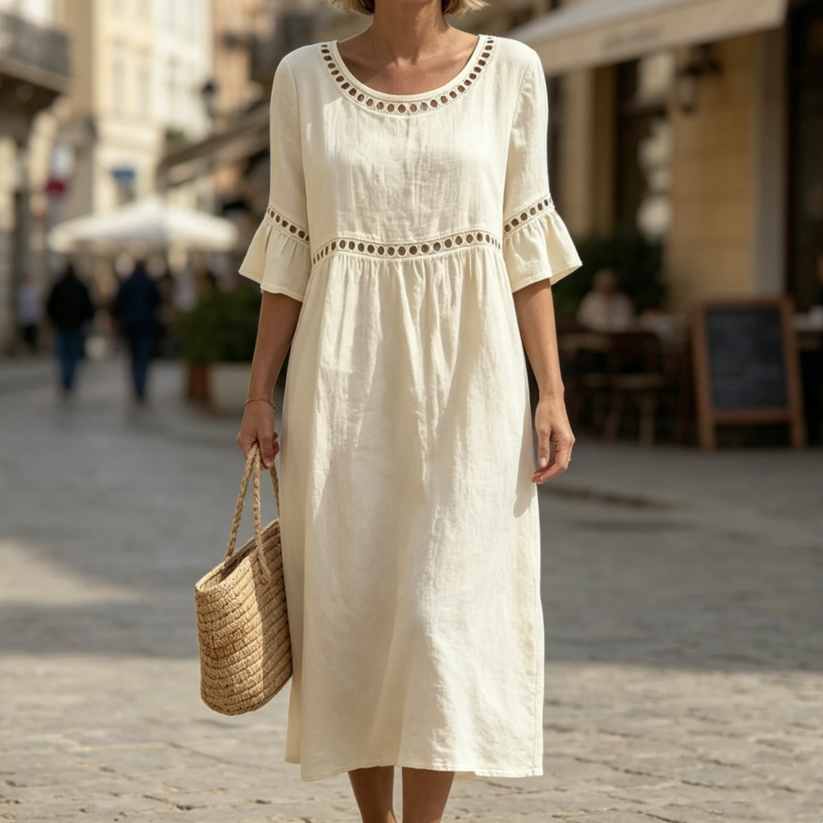 ✨【S-3XL】Vestido de mujer de algodón y lino, corte ajustado, cuello redondo, mangas abullonadas, transpirable y suave, cómodo de llevar.