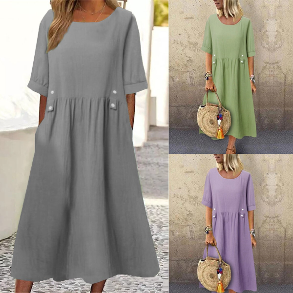 🔥👗Nové 2025 bavlnené a ľanové jednofarebné ležérne voľné módne šaty s okrúhlym výstrihom - pohodlné a všestranné na každý deň
