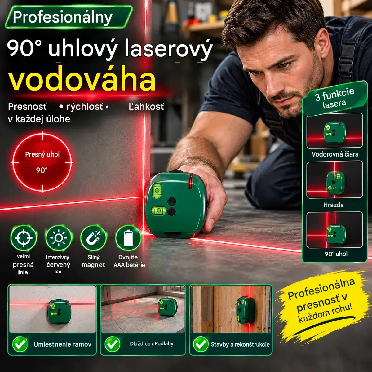 🔴 2-v-1 pravouhlá laserová vodováha — Rýchle a presné zarovnanie, bez potreby značenia šnúrkou
