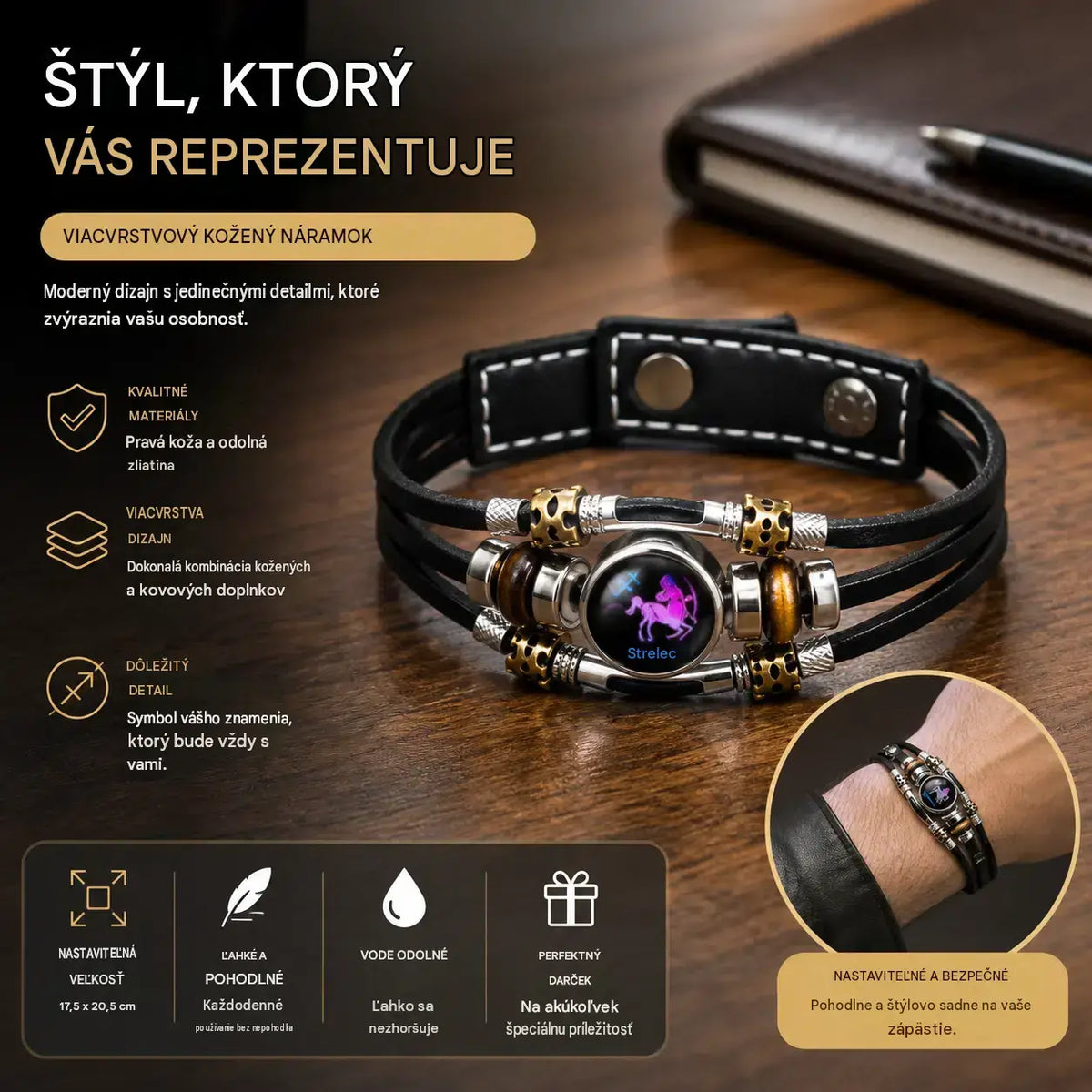 🌙 Žiarivý kožený náramok so znamením zverokruhu – trojvrstvová väzba, nastaviteľná dĺžka, unisex 💫✨