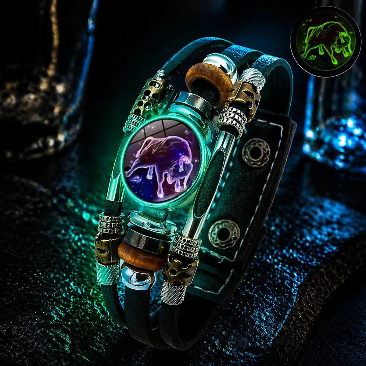 🌙 Žiarivý kožený náramok so znamením zverokruhu – trojvrstvová väzba, nastaviteľná dĺžka, unisex 💫✨