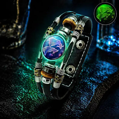 🌙 Žiarivý kožený náramok so znamením zverokruhu – trojvrstvová väzba, nastaviteľná dĺžka, unisex 💫✨