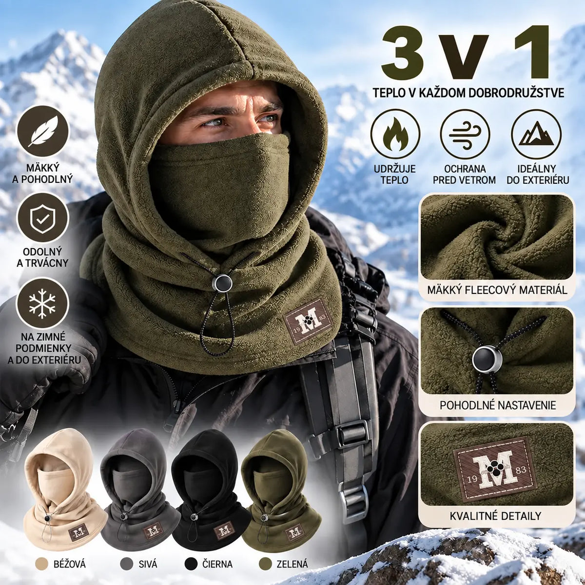 ☃ 3-v-1 fleecová kukla s kapucňou — teplá, vetruodolná a ideálna na outdoor, cyklistiku a zimu.