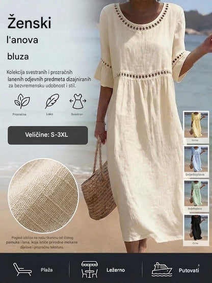 ✨【S-3XL】Ženska haljina od pamuka i lana, uskog kroja, okruglog izreza, puf rukava, prozračna i mekana, udobna za nošenje.