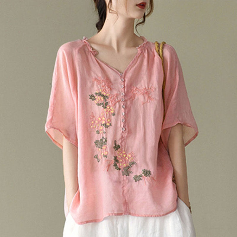 👚Vintage literar literar bumbac lenjerie de bumbac brodat cu mânecă scurtă, subțire, dar nu se vede prin