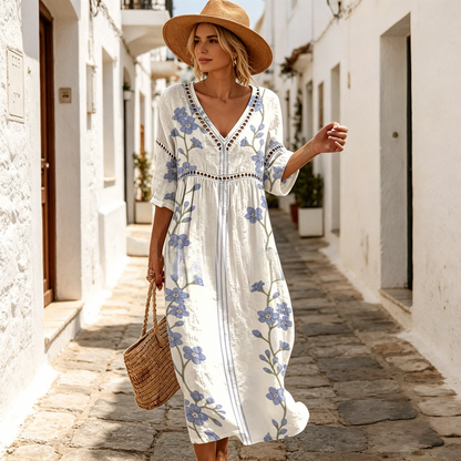 👗【S-3XL】Dlhé letné šaty s kvetinovým vzorom z bavlny a ľanu, výstrih do V, hlboký pás, voľné a priedušné,