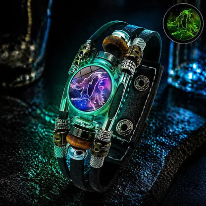 🌙 Žiarivý kožený náramok so znamením zverokruhu – trojvrstvová väzba, nastaviteľná dĺžka, unisex 💫✨
