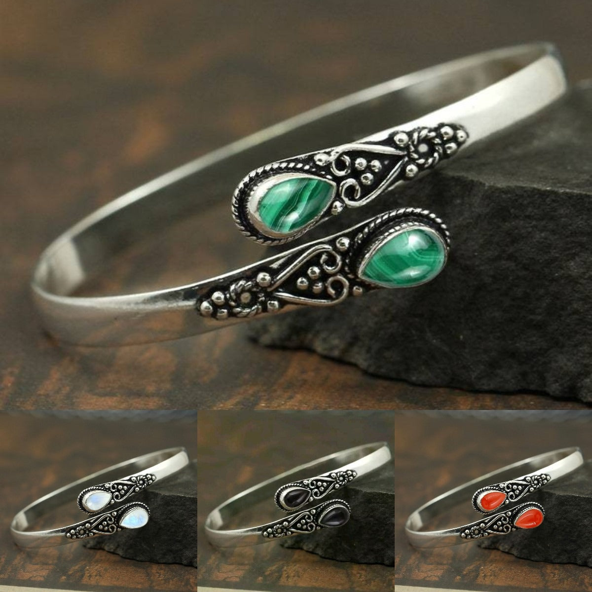 【50%OFF】💖Vintage strieborný náramok S925 so zeleným achátom