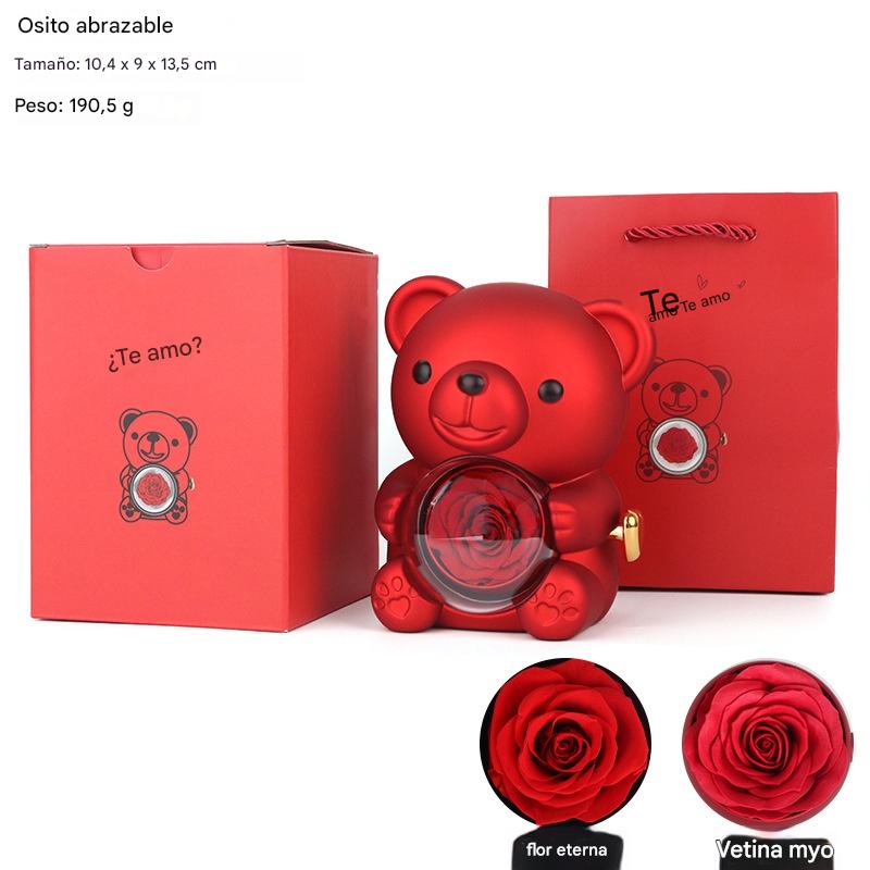 ✨Adorable osito de peluche con rosa preservada - Osito de peluche decorado con una rosa real, en una hermosa caja de regalo - Regalo romántico para el Día de la Madre, bodas, aniversarios, despedidas de soltera, Navidad y San Valentín.