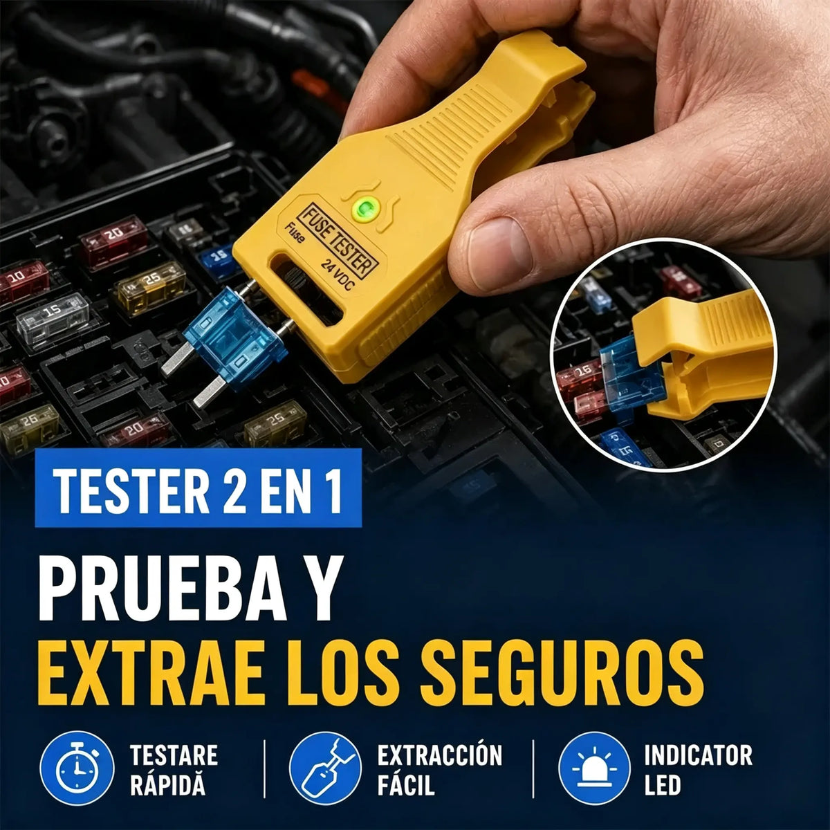 ⚡💥 Probador de fusibles y alicates 2 en 1 para coche (compatible con 12V/24V / indicador LED verde / espaciado ajustable / alicates extractores / para coche, camión y barco). 🚗✨