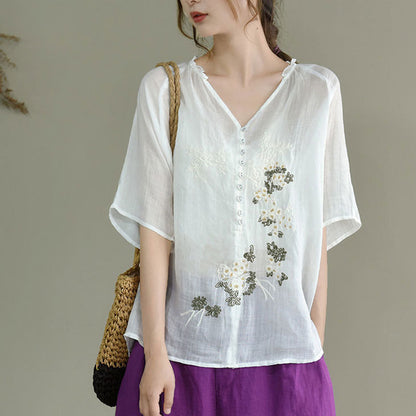 👚Vintage literar literar bumbac lenjerie de bumbac brodat cu mânecă scurtă, subțire, dar nu se vede prin