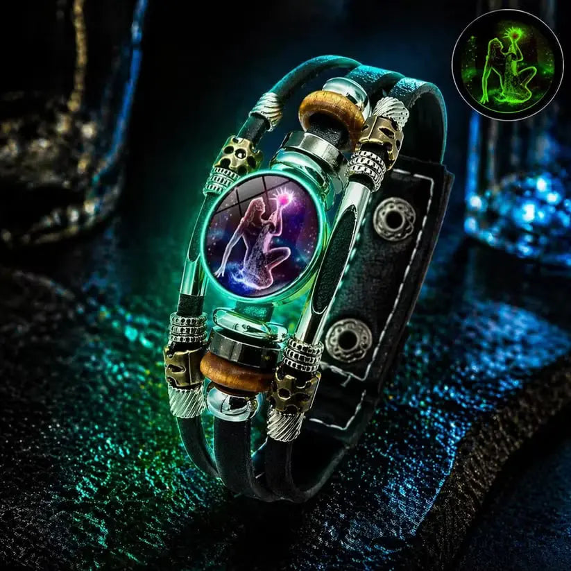 🌙 Žiarivý kožený náramok so znamením zverokruhu – trojvrstvová väzba, nastaviteľná dĺžka, unisex 💫✨