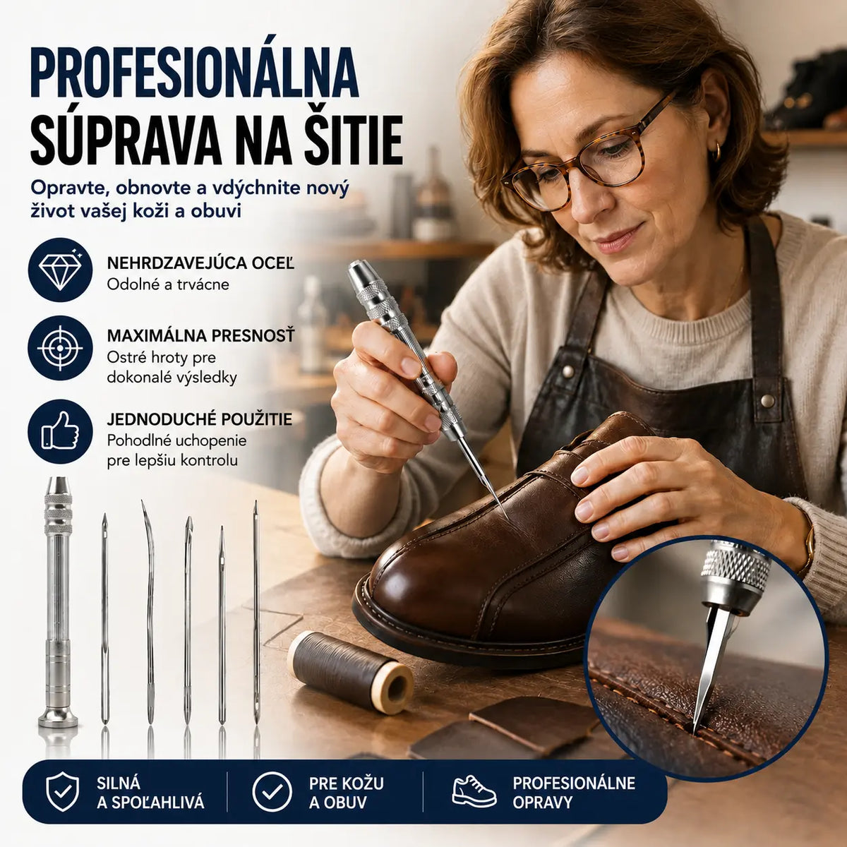 🧵【Kúp 1 a druhý dostaneš zdarma : 2 sady】👞 Sada 5 v 1 s vymeniteľnými šijacími ihlami – Profesionálna súprava na opravu obuvi a prácu s kožou 🛠️✨