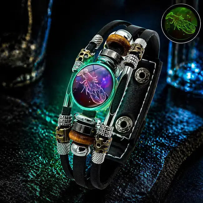 🌙 Žiarivý kožený náramok so znamením zverokruhu – trojvrstvová väzba, nastaviteľná dĺžka, unisex 💫✨