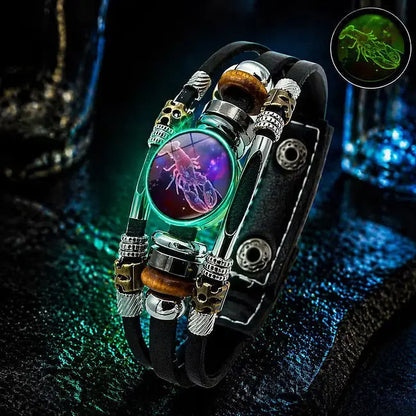 🌙 Žiarivý kožený náramok so znamením zverokruhu – trojvrstvová väzba, nastaviteľná dĺžka, unisex 💫✨