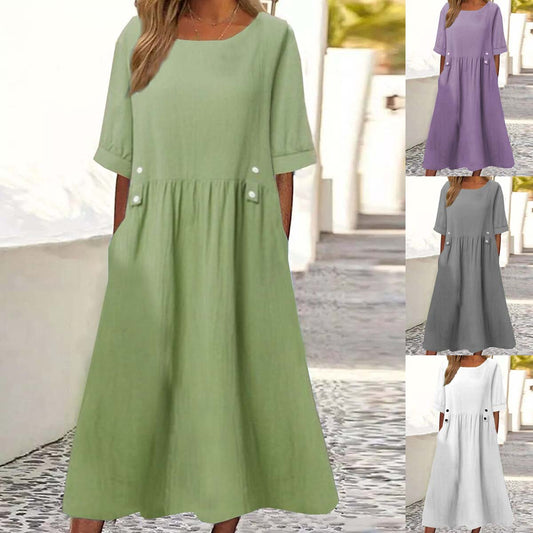 🔥👗Nové 2025 bavlnené a ľanové jednofarebné ležérne voľné módne šaty s okrúhlym výstrihom - pohodlné a všestranné na každý deň